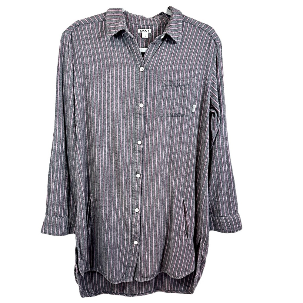 DKNY Womens Button Down Long Sleeve Shirt Sz M Cotton/Rayon Striped Gray Pink